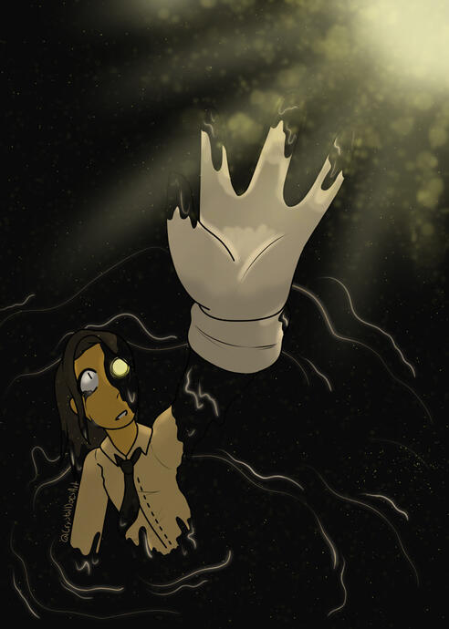 A rendered image of myself in the universe of BATDR reaching out my hand to a light that is shing down.