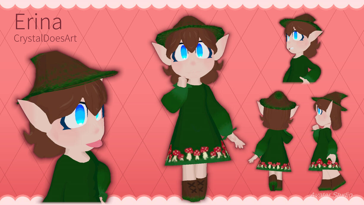 A small elf that appears to be in a Cottage/Goblincore-like outfit. She was originally just gonna be a random avatar I made in an attempt to learn Avatar Creation, but after working on her for so long I decided "Heck it! You're an OC now"