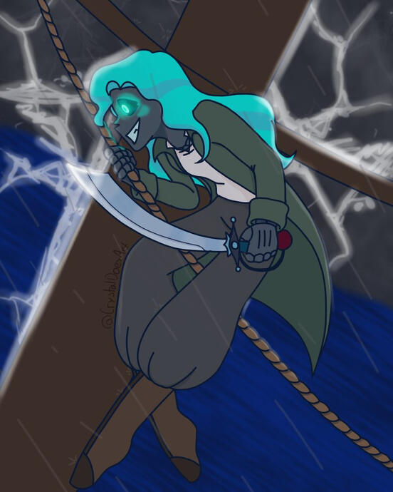 My sona as a pirate again, but this time her ship is going through a storm. She is seen holding her cutlass while swinging on a rope, perhaps she is fighting someone. Or perhaps *something*